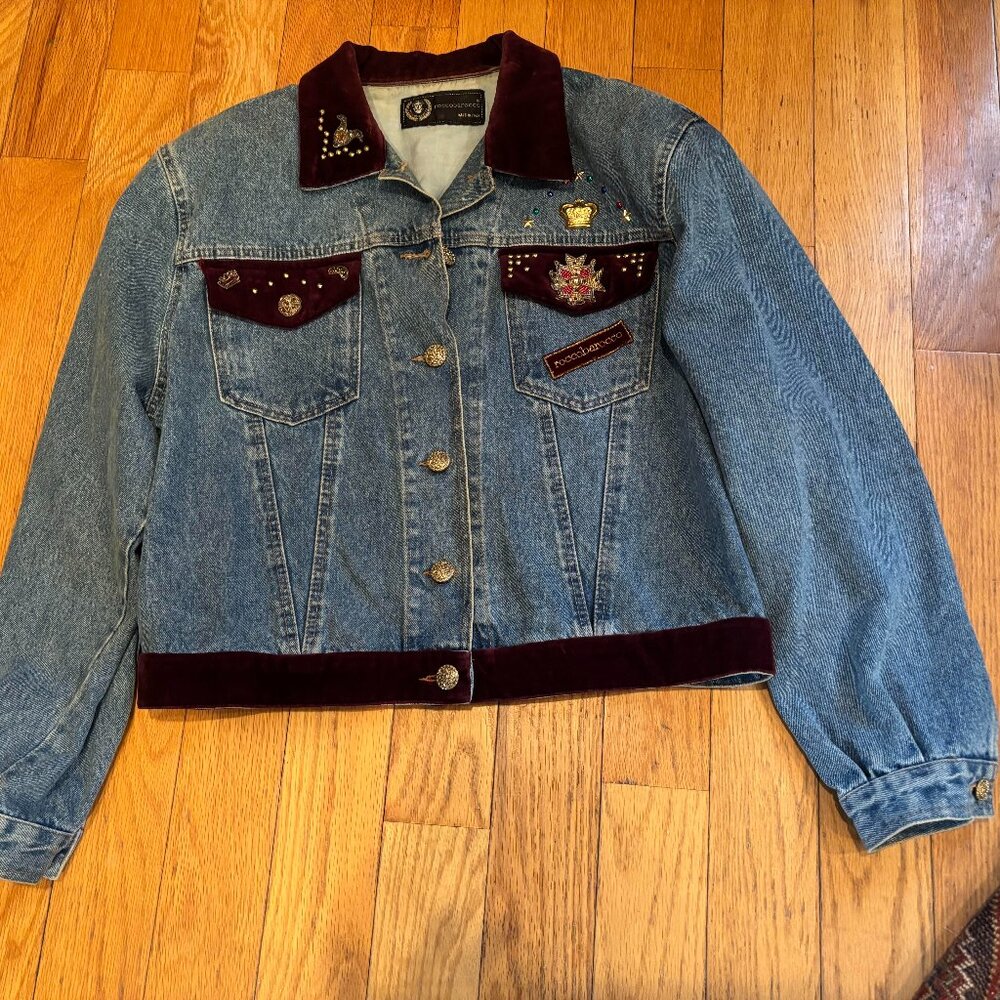 Vintage Rocco Barocco Denim Jacket with Contrast Collar and beaded detail. M